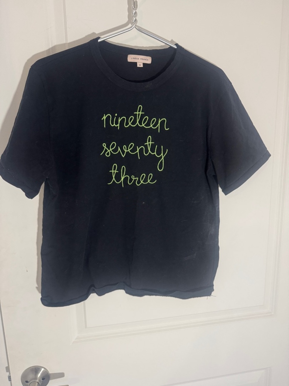 Lindsay Francis Black Crop Tee with 1973 in Neon Green Script
